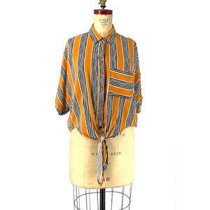 Polly & Esther Orange Striped Boxy Short Sleeve Tie Front Shirt Size Large L